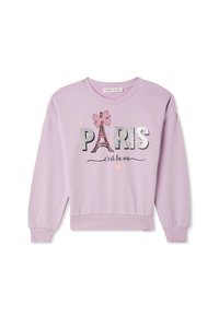 Fioletowa bluza z okrągłym dekoltem, z błyszczącym napisem "PARYŻ", grafiką Wieży Eiffla i detalem w postaci kokardy. Ściągacze przy mankietach i u dołu.