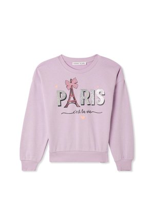 Felpa lilla con scollo a girocollo, caratterizzata da una scritta glitterata "PARIGI", un grafico della Torre Eiffel e un dettaglio a fiocco. Polsini e orlo a coste.