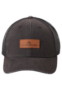 Black cap with a curved visor, fabric front, and mesh back. Features a brown leather patch embossed with "Quiksilver" logo.