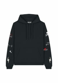Felpa nera con cappuccio e tasca a marsupio anteriore. Decorata con varie grafiche: cuori, un teschio e fulmini in bianco e rosso.