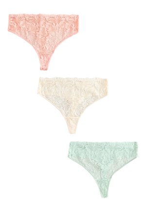 Tre blonder strimler i pastelfarvet pink, creme og lysegrøn arrangeret lodret på en hvid baggrund.