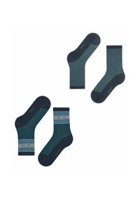 Socken aus weichem Baumwollmischgewebe, in dunklem Petrol mit gemusterten Bändern in Blau, Grau und Weiß. Knöchelhöhe mit verstärktem Zehenbereich.