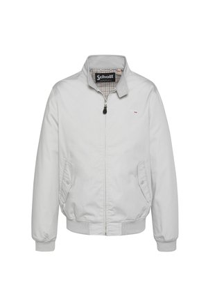 Hellgraue Reißverschlussjacke mit gerippten Bündchen an Ärmeln und Saum, zwei vorderen Taschen mit Knöpfen sowie "Schott"-Logo auf der Brust und am inneren Kragen.