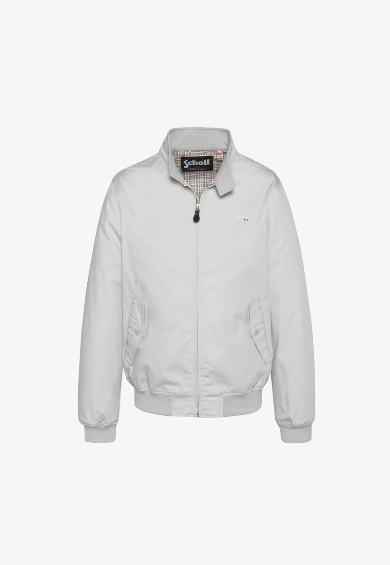 Veste zippée gris clair avec poignets et ourlet côtelés, deux poches avant à boutons, et logo "Schott" sur la poitrine et à l'intérieur du col.