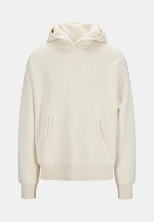 Kremfarget hettegenser med frontlomme, ribbede mansjetter og nederkant. Myk stoffkvalitet med et minimalistisk design, med en subtil preget logo.