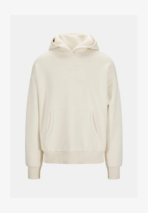 Kremfarget hettegenser med frontlomme, ribbede mansjetter og nederkant. Myk stoffkvalitet med et minimalistisk design, med en subtil preget logo.