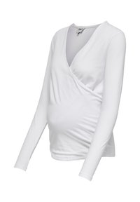 White long-sleeve maternity top with a wrap design, soft texture, and a fitted silhouette, accommodating a growing belly.
