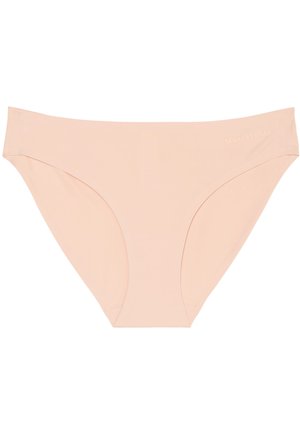 Białe, bezszwowe majtki hipster dla kobiet w kolorze nude, wykonane z gładkiego materiału. Charakteryzują się minimalnym przeszyciem i subtelnym logo.