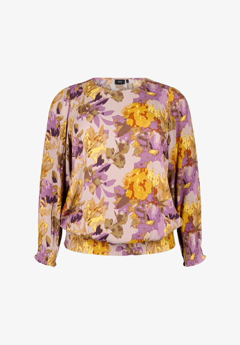 Ziedu blūze ar garām piedurknēm, kurai ir lavandas krāsas fons, dzeltenu un purpura ziedu raksti, kā arī elastīgs apakšgalvs un piedurknes.