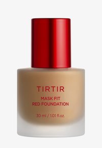 Beige glass bottle with a red metallic cap. Label reads "TIRTIR MASK FIT RED FOUNDATION" in red text. 30 ml volume. Smooth texture.
