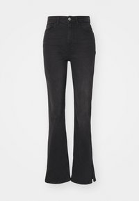 Jeans de tiro alto negros acampanados, hechos de mezclilla, con cierre de botón en la parte frontal, bolsillos laterales y una pequeña abertura en el dobladillo.