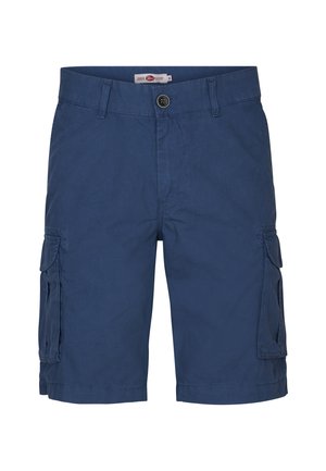 Marineblauwe cargoshorts van katoen met een knoopsluiting, twee zijzakken en twee grote cargozakken op de dijen.