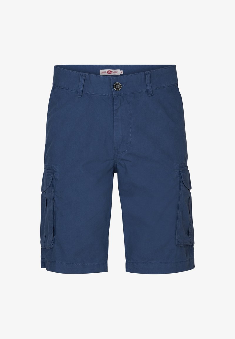 Marineblauwe cargoshorts van katoen met een knoopsluiting, twee zijzakken en twee grote cargozakken op de dijen.