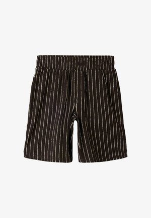 Black shorts with vertical white pinstripes and an elastic waistband, laid flat against a white background.