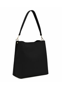 Borsa a tracolla nera con una texture liscia, dotata di un ampio apertura in cima, una sola tracolla e dettagli in metallo color oro.