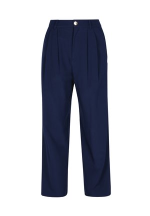 Navy blue high-waist wide-leg trousers with front pleats, belt loops, and a silver button closure.