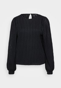 Black ribbed long-sleeve blouse with a round neckline, textured fabric, subtle keyhole back detail, and fitted cuffs.