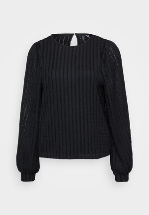 Black ribbed long-sleeve blouse with a round neckline, textured fabric, subtle keyhole back detail, and fitted cuffs.