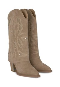Botas de vaquero de ante marrón con puntas afiladas, costuras decorativas y acentos de strass. Tacón grueso y un diseño abierto en la parte superior.