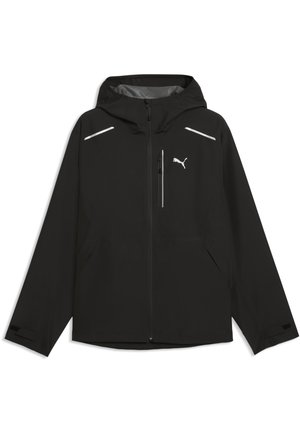 Czarna kurtka z kapturem Puma, z pełnym suwakiem z przodu, suwakiem w kieszeni na piersi, odblaskowymi detalami na klatce piersiowej oraz regulowanymi mankietami.
