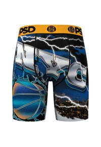 Herre boxershorts med en gul livrem med sort logo, dristig blå og sort grafisk design, opplyst bysilhuett og basketballmotiv.
