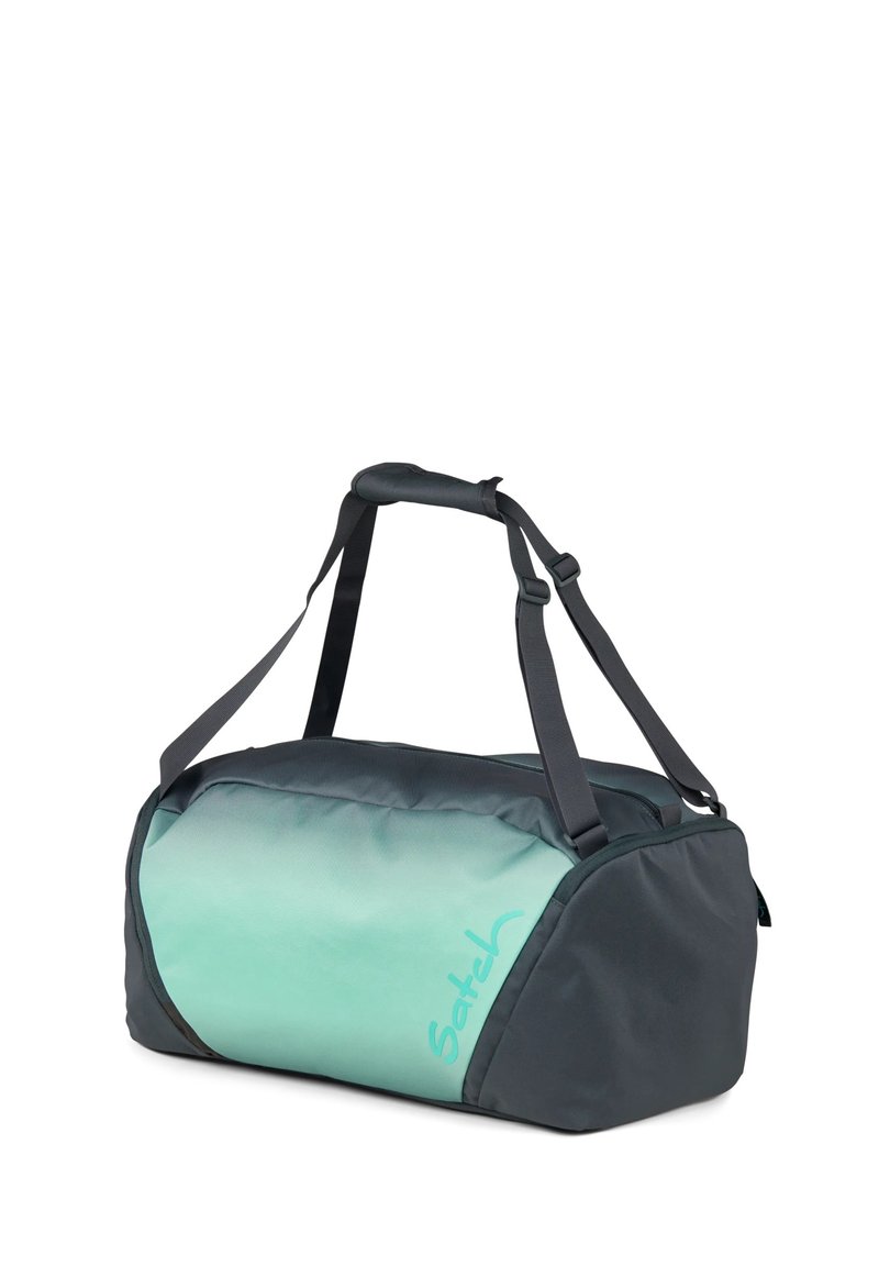 Duffle-Bag in Dunkelgrau mit einer mintgrünen Fläche. Verfügt über verstellbare Riemen, einen oberen Griff und eine glatte Stoffoberfläche. Markenlogo sichtbar.