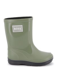 Πράσινη ελαστική μπότα βροχής με μαύρη σόλα, που διαθέτει ένα ορθογώνιο ασημένιο λογότυπο "BOSS" στην εξωτερική πλευρά και υφή στο εσωτερικό της επένδυσης.