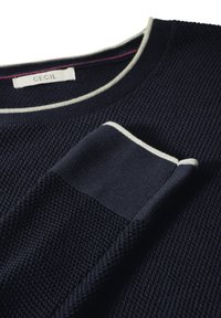 Mörkblå tröja med strukturstickning, med en kontrasterande ljus kant runt halsringningen och ärmsluten. Märkesetiketten säger "CECIL."