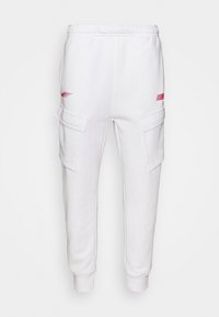 Vita sweatpants med cargofickor, elastisk midja och ribbade mudd. Har röda accentlinjer på sidorna. Mjuk bomullsmaterial.