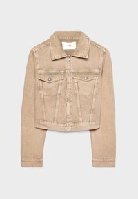 Veste en jean beige courte avec fermeture éclair à l'avant, deux poches poitrine boutonnées, manches longues et col rabattable.
