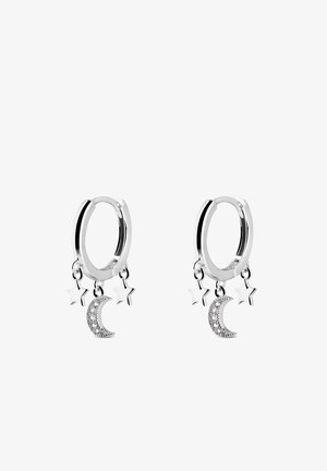 Silver hoop earrings featuring a crescent moon and two star charms, with a polished finish and textured details on the moon.