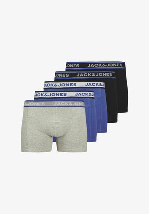Four pairs of JACK & JONES boxer briefs: gray, black, blue, and navy, with elastic waistband featuring logo and contrast stitching.