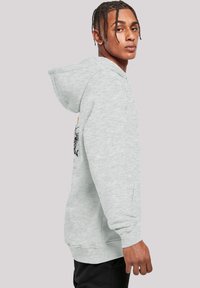 Light gray hoodie with a drawstring hood, ribbed cuffs, and hem. Features a black graphic design on the side. Smooth texture.