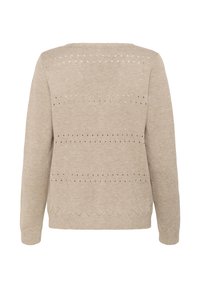 Beige knitted sweater featuring a round neck, vertical perforations, and a wavy hem. Soft texture with long sleeves.