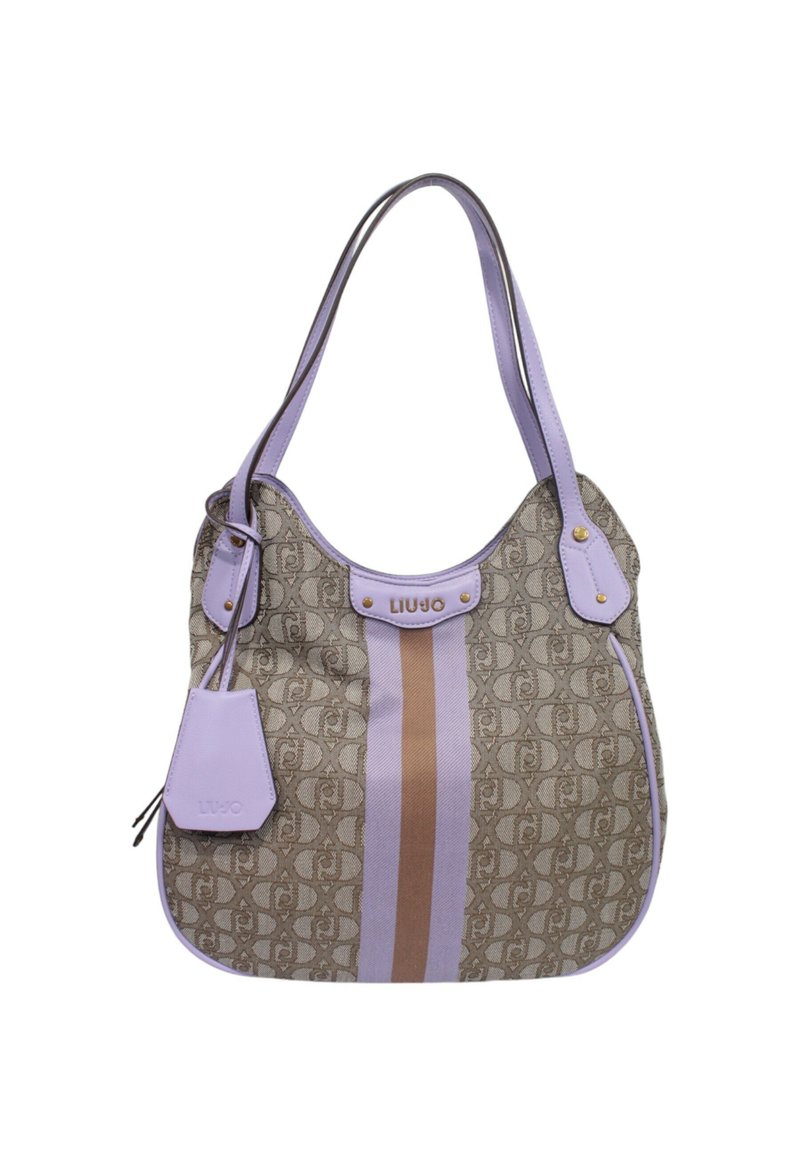 Borsa di tessuto beige con strisce marroni e lavanda, impreziosita da manici in pelle lilla e un piccolo cartellino con il nome del brand Liu Jo.