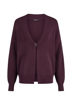 Dunkellila gestrickter Cardigan mit langen Ballonärmeln, tiefem V-Ausschnitt und einem einzelnen schwarzen Knopfverschluss vorne in der Mitte.