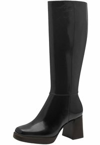 Tall black leather women's boot with block heel and rounded square toe, smooth finish, and visible stitching details.