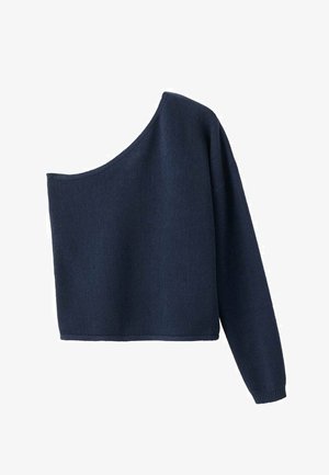 Pull asymétrique bleu marine avec une manche longue et un large décolleté, confectionné dans un tissu en maille texturée, avec un ourlet inférieur droit.