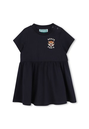 Robe noire à manches courtes pour bébé avec logo tigre et texte "Kenzo Paris" sur la poitrine, avec boutons-pression à l'épaule pour un habillage facile.