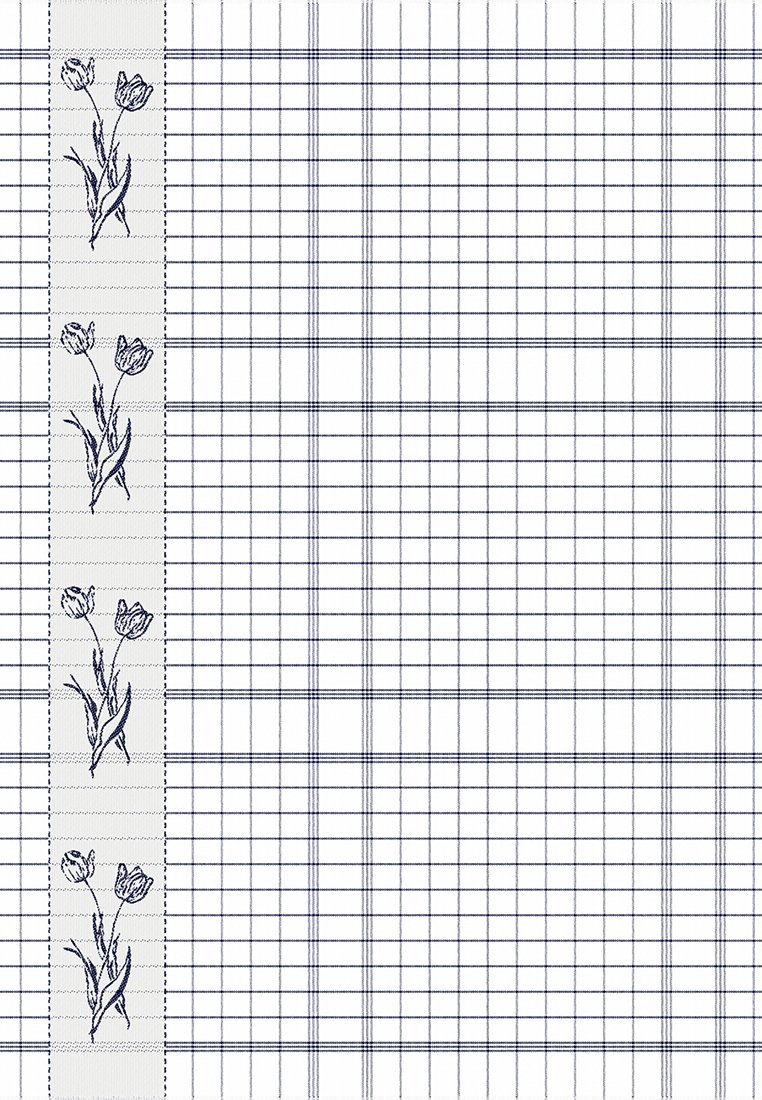 Granatowa tkanina w kratę na białym tle, z pionowym rzędem ręcznie rysowanych ilustracji tulipanów w delikatnym szarym kolorze.