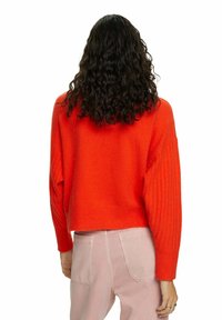 Roter, kürzer geschnittener Pullover mit gerippten Ärmeln, aus weichem Material. Die Rückseite weist ein schlichtes Design auf und wird mit hellrosa Hosen kombiniert.