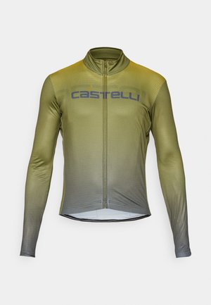 Langärmlige Radsportjacke in Olivgrün mit einem Farbverlauf von Gelb zu Grau und dem "Castelli"-Logo auf der Brust, Frontreißverschluss.