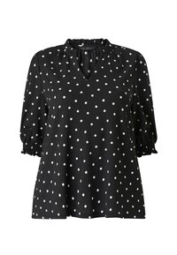 Black blouse with white polka dots, featuring a pleated collar, half-length puff sleeves, and a relaxed fit with a V-neck design.