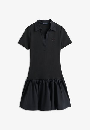 Black short-sleeve polo dress with collar, partial button placket, fitted waist, gathered skirt, and small logo on the chest.