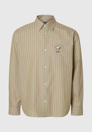Beige striped button-up shirt with a pocket. Features a Snoopy graphic on the chest, made of a smooth fabric with a relaxed fit.