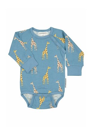 Blå babyheldragt med lange ærmer med gule og brune girafmønstre, trykknapper ved skulder og skridt, størrelsesmærke synligt inde i kraven.