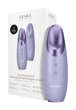 Appareil énergisant pour les yeux violet chaud et froid avec tête de traitement incurvée, affichant les boutons soleil et flocon de neige, à côté de son emballage blanc marqué.