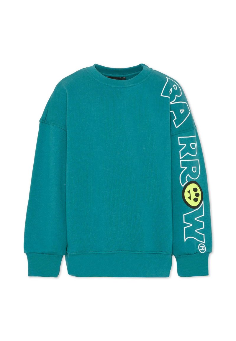 Morska bluza z długimi rękawami i okrągłym dekoltem. Na lewym rękawie znajduje się biały napis "BARROW" oraz zielony akcent w postaci uśmiechniętej buźki.