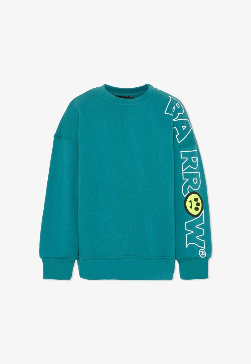 Morska bluza z długimi rękawami i okrągłym dekoltem. Na lewym rękawie znajduje się biały napis "BARROW" oraz zielony akcent w postaci uśmiechniętej buźki.