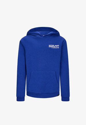 Blauer Baumwoll-Hoodie mit einer Vordertasche und gerippten Bündchen. Aufdruck in weißem Text: "RETOUR JEANS ESSENTIAL PIECES IT STARTS WITH YOU."